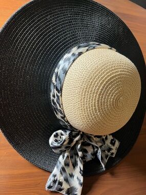 Wide Brim Straw Sun Hat with Black Brim and Natural Crown